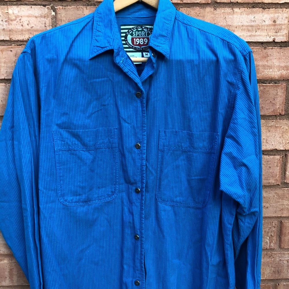Calvin Klein Casual shirt cotton MED Button front Bold blue Vintage EUC